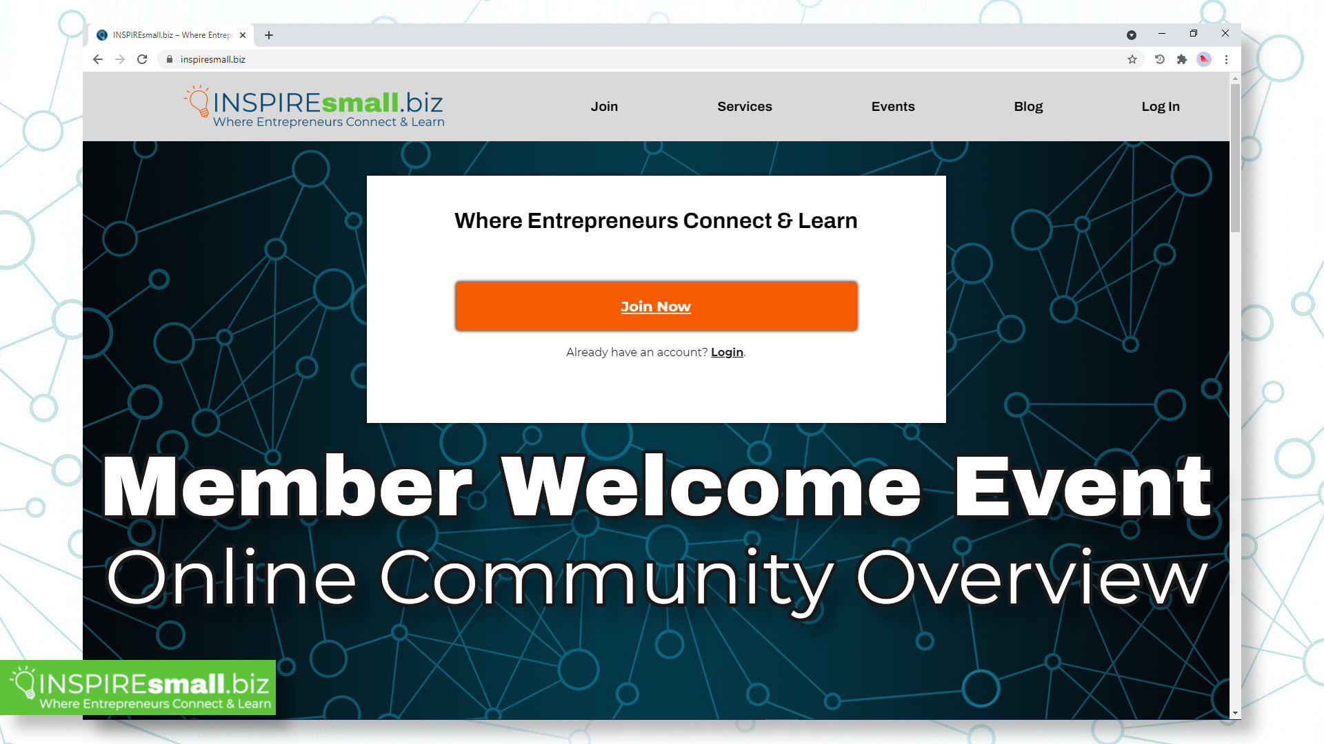 A screenshot of the front page of the INSPIREsmall.biz website, overlayed with the text 'Member Welcome Event: Online Community Overview'