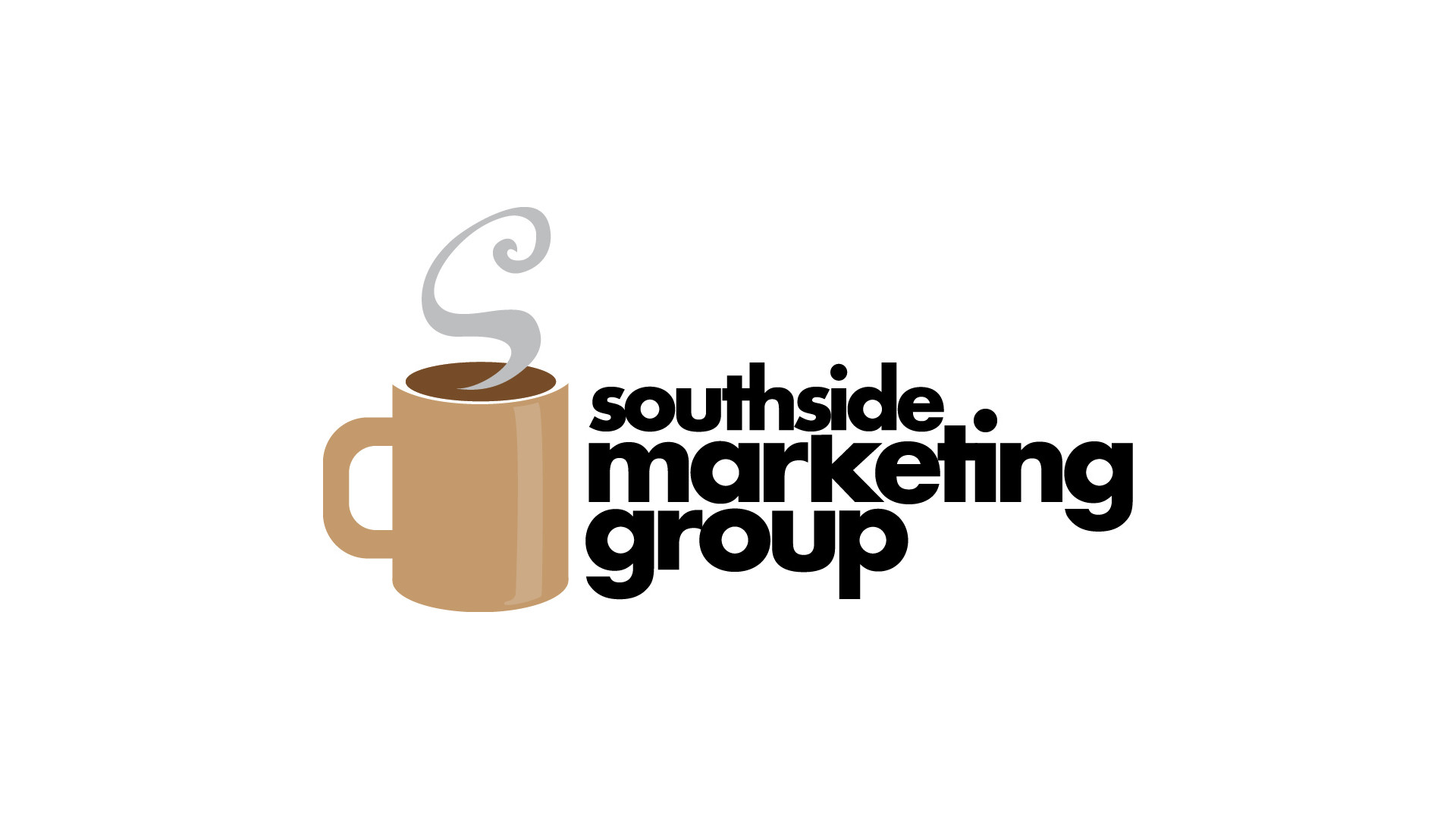 The Southside Marketing Group Logo has a light brown coffee mug with a gray s-shaped swirl of steam, next to all lowercase letters southside marketing group, in three lines next to the coffee mug.