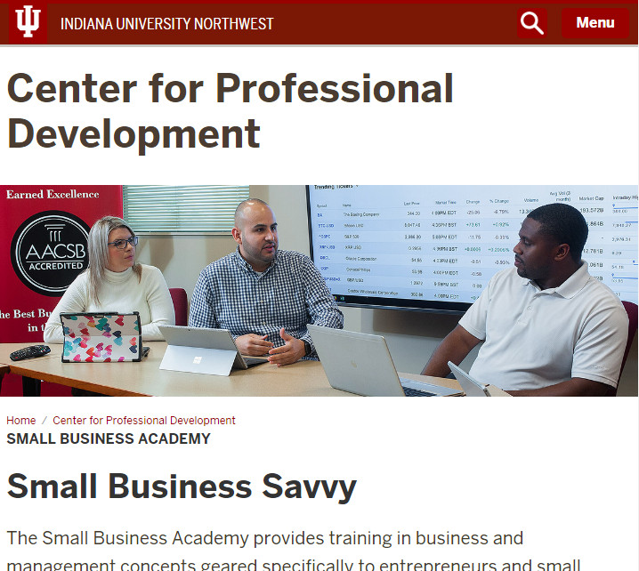 Screenshot of the IU Northwest Small Business Academy Webpage